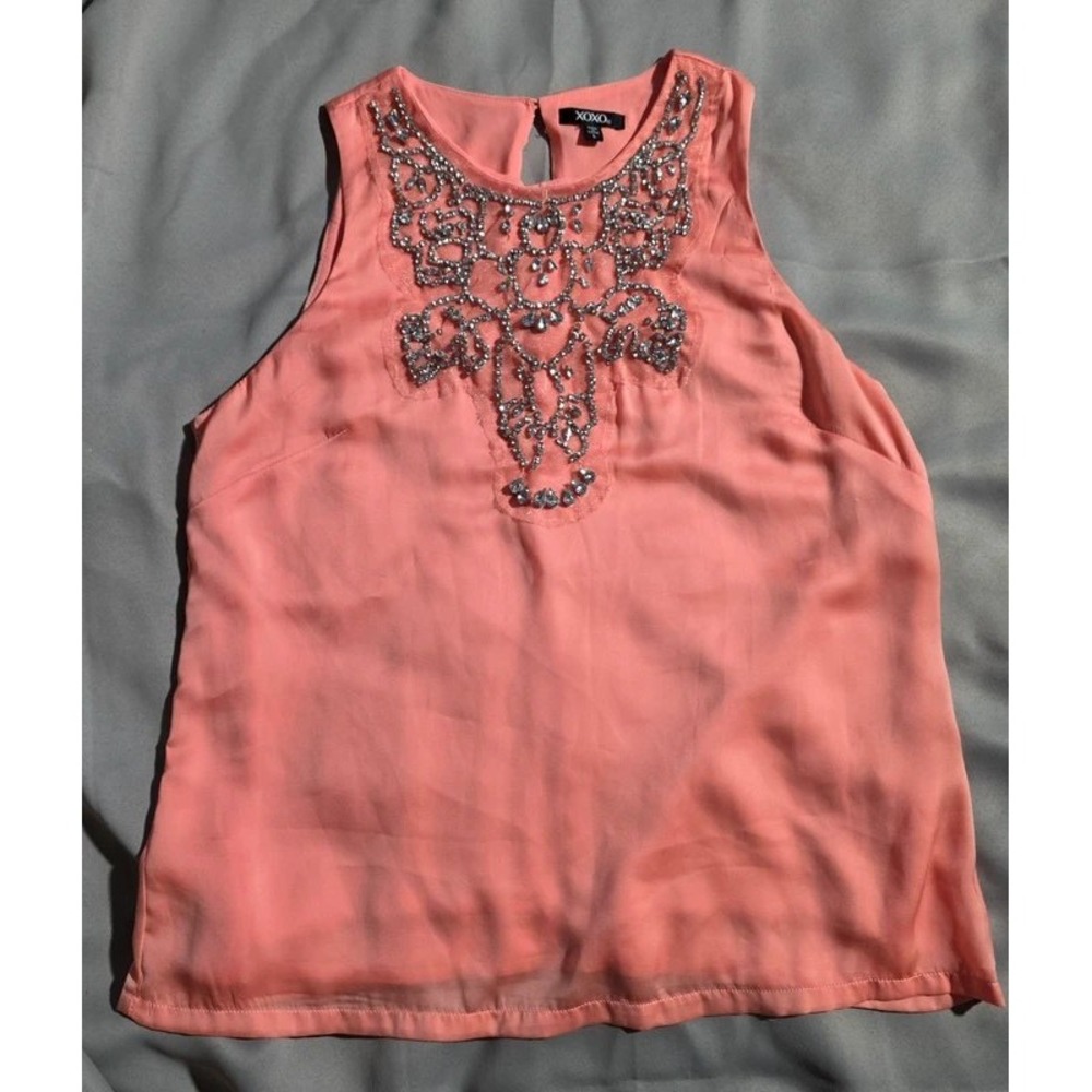 XOXO Coral Pink Sleeveless Blouse Rhinestone Embellished Neckline Keyhole Back L